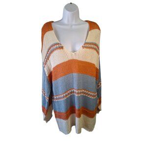 Altard State Striped Womens Medium V-Neck Knit Sweater Beige Orange Blue